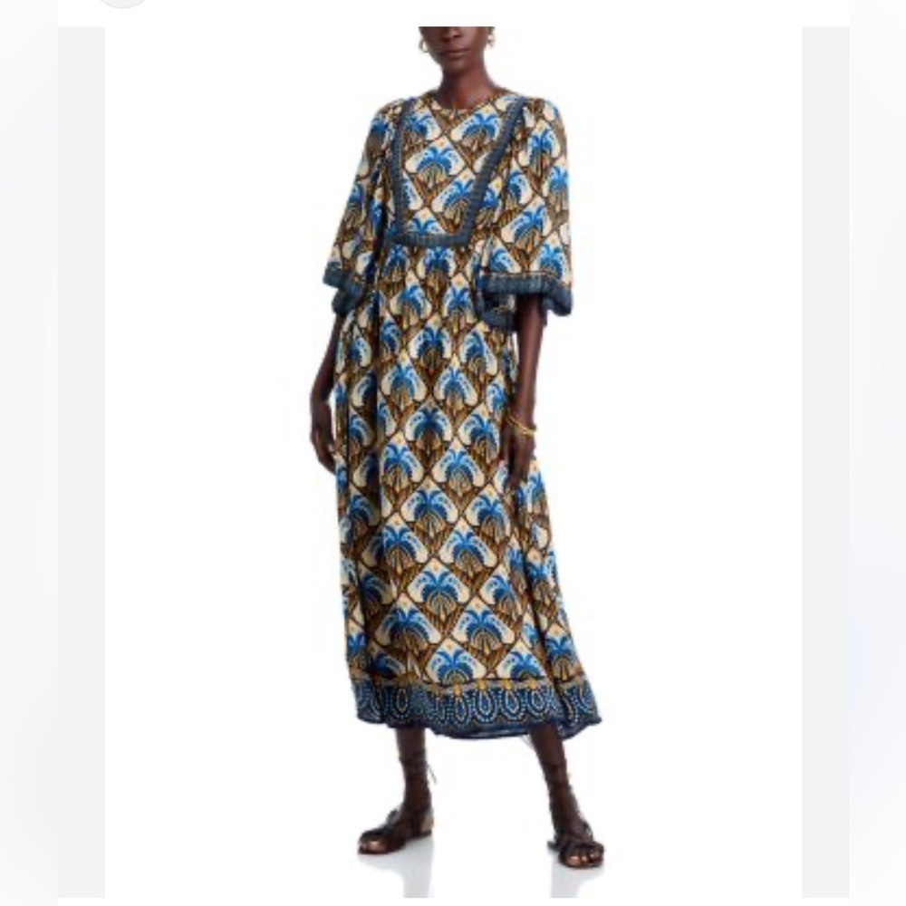 NWT FARM Rio Cocopalm Blue and Brown Printed Maxi Dress Small